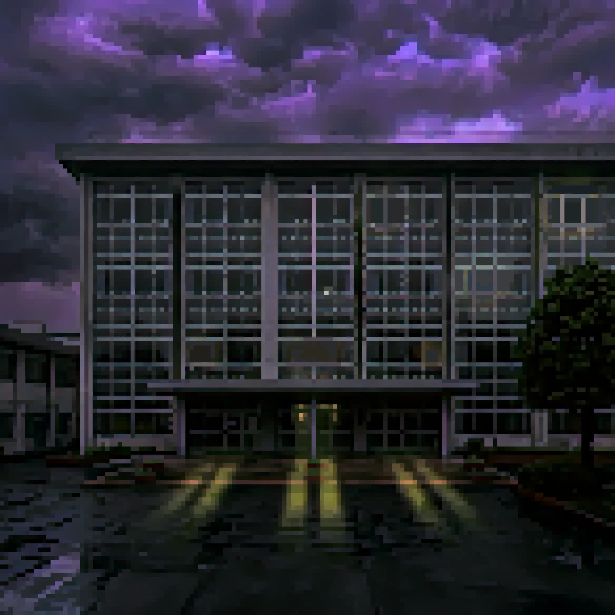 A school building under storm clouds, light spilling from its windows